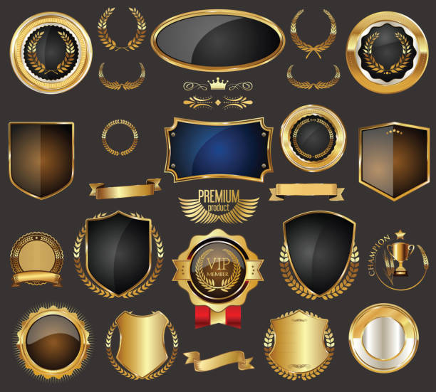 illustrazioni stock, clip art, cartoni animati e icone di tendenza di badge telaio vendita oro e collezione vettoriale etichetta - gold circle medallion insignia
