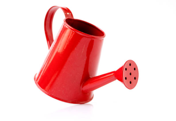 red metal watering can - watering can imagens e fotografias de stock