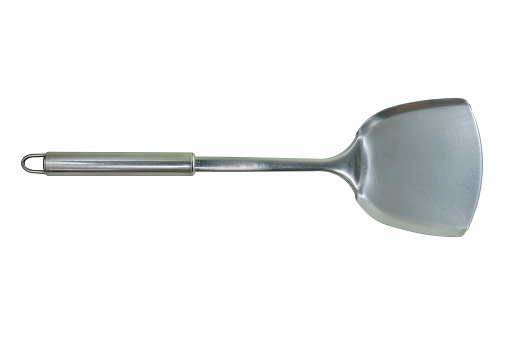 Stainless spade of frying pan isolated on white background. For kitchen.