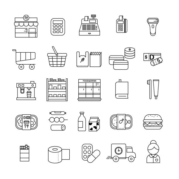 illustrations, cliparts, dessins animés et icônes de vente au détail icon set - cash register e commerce technology shopping cart