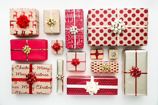 Christmas gifts on red background