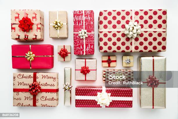 Collection Of Christmas Presents Overhead View Stock Photo - Download Image Now - Christmas Present, Gift, High Angle View
