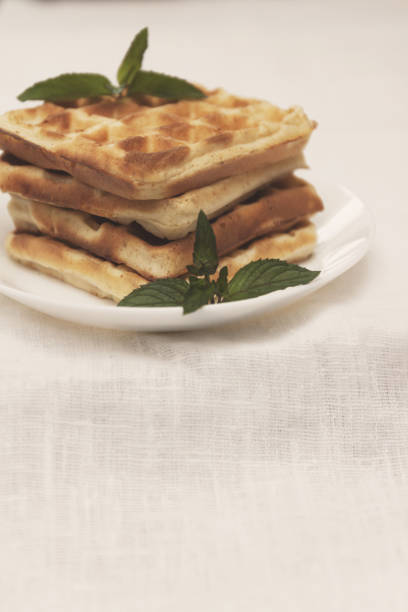 istock Belgian waffles with fresh mint on a white plate on a white tablecloth, retro toning, close-up 868140580