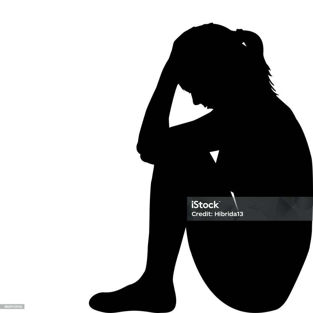 Sad woman silhouette Sad woman silhouette sitting alone on white background In Silhouette stock vector