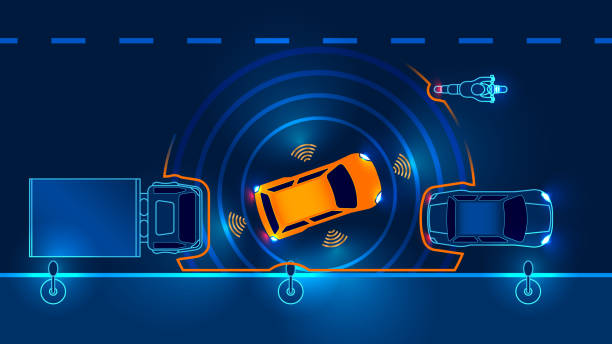 Autonomous car. Draiverless vehicle Autonomous car leaves the Parking. draiverless vehicle in the city street on the night autonomous vehicle stock illustrations