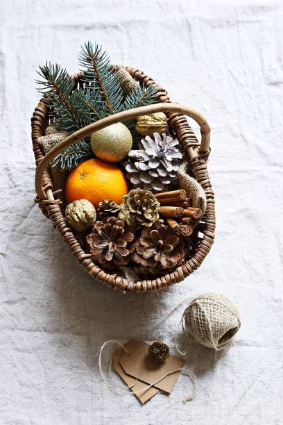 istock Vintage basket with Christmas festive decoration. 868150216