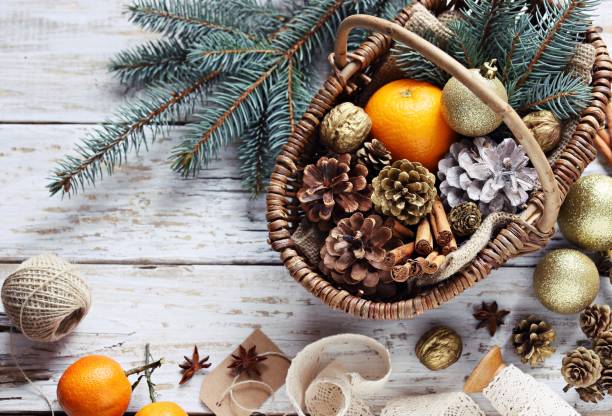 istock Vintage basket with Christmas festive decoration. 868150292