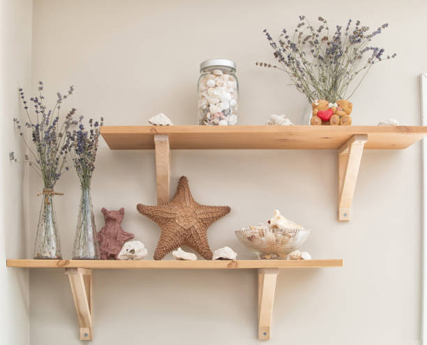 istock Two wooden shelves against a beige wall 868150308
