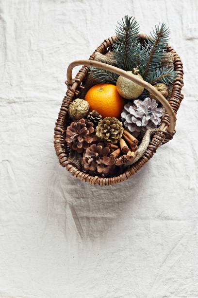 istock Vintage basket with Christmas festive decoration. 868150324