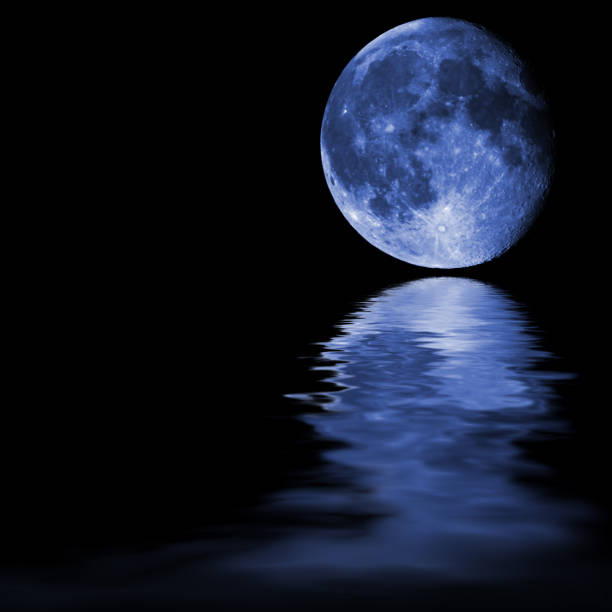 istock Blue moon near the horizon (sky line)  with its reflection in wavy water surface. There is a copy space to insert some text or images. Can be used as a postcard, background or wallpaper. 868153016