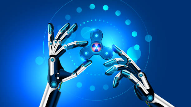 istock Hand spinner toy in robot hands. the robot shows the fidget toy for increased focus, stress relief. Future blue background. VECTOR 868158428