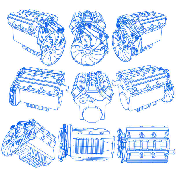 ilustraciones, imágenes clip art, dibujos animados e iconos de stock de dibujo de motor en la pluma azul a mano - motor