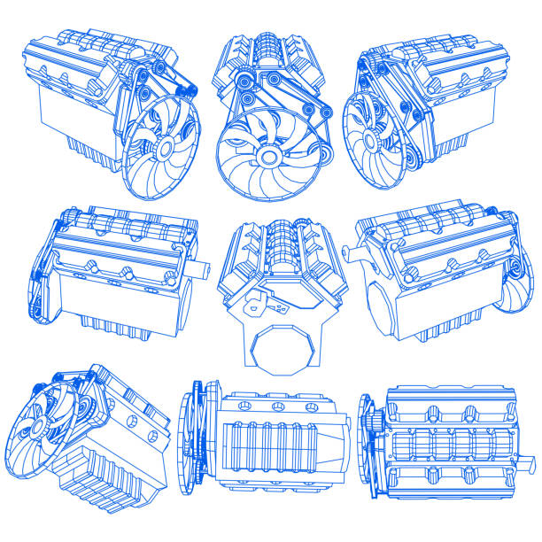 illustrations, cliparts, dessins animés et icônes de main, dessin du moteur sur le crayon bleu - engine