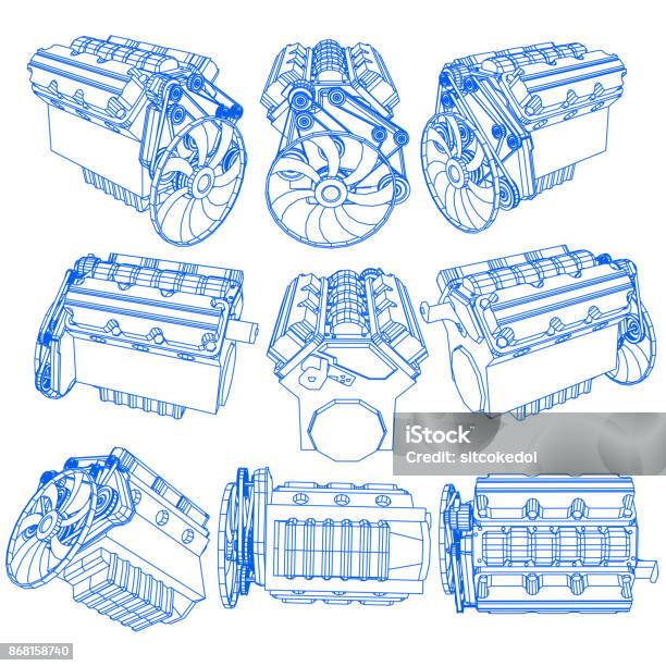 Engine Work Drawing Hand Drawing Of Engine On Blue Pen Stock Illustration - Download Image ...