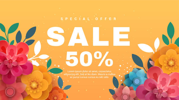 ilustrações, clipart, desenhos animados e ícones de banner de venda de primavera com flores de papel sobre um fundo amarelo. - elegance fashion flower spring