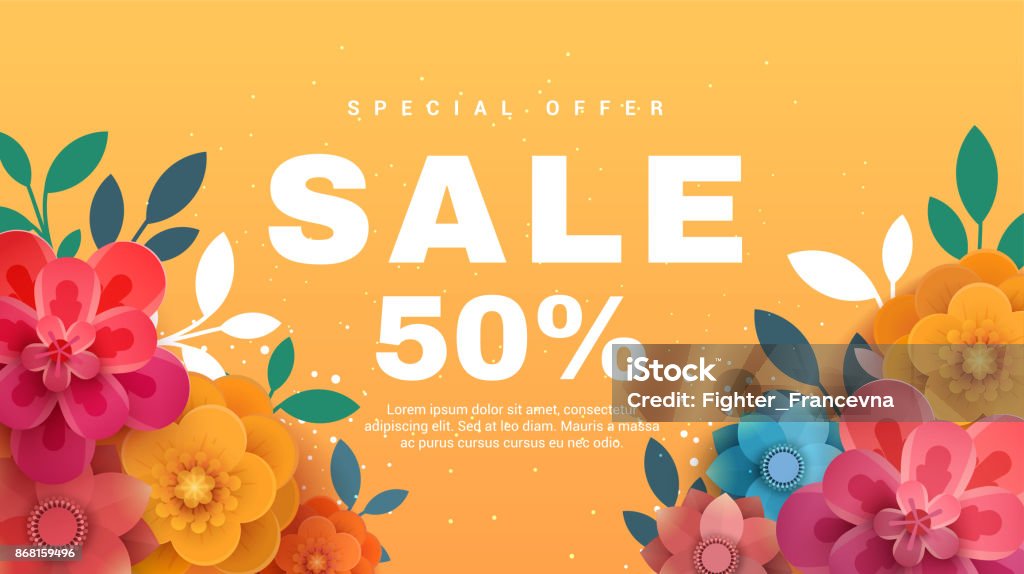 Spring sale banner with paper flowers on a yellow background. Spring sale banner with paper flowers on a yellow background. Vector illustration. Banner perfect for promotions, magazines, advertising, web sites. Springtime stock vector