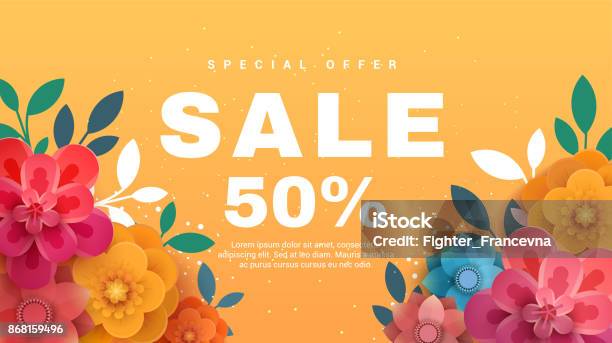 Spring Sale Banner With Paper Flowers On A Yellow Background Stock Illustration - Download Image Now