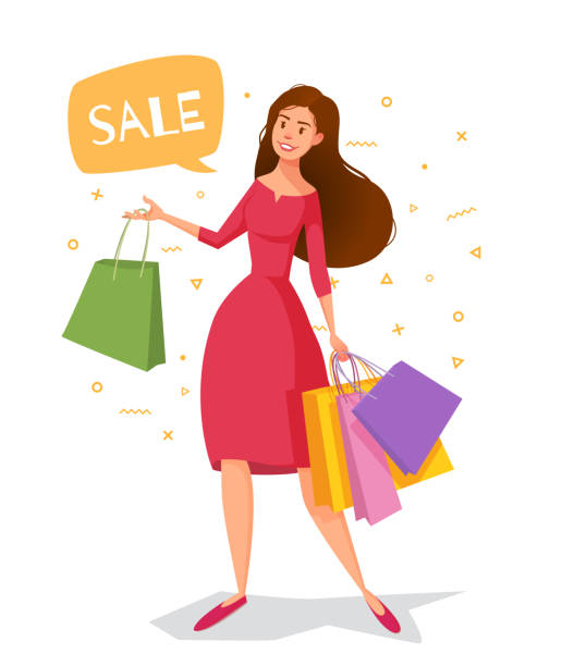 karikatur der frau in einem roten kleid mit paketen geht einkaufen. - shopping christmas women retail stock-grafiken, -clipart, -cartoons und -symbole