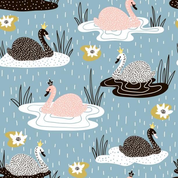 ilustraciones, imágenes clip art, dibujos animados e iconos de stock de sin fisuras patrón infantil con princesa cisne en el lago, fondo de vivero creativo. perfecto para niños diseño, tela, envoltura, papel pintado, textil, prendas de vestir - fashion palette