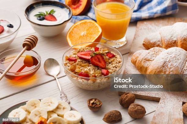 Continental Breakfast Menu On Woden Table Stock Photo - Download Image Now - Continental Breakfast, Buffet, Yogurt