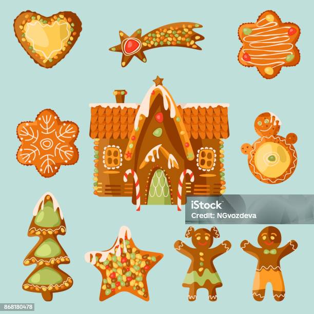 Gingerbread House And 9 Festive Gingerbread Cookies Christmas Tradition Stock Illustration - Download Image Now