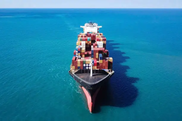 Large container ship at sea - Top down Aerial ImageLarge container ship at sea - Top down Aerial Image
