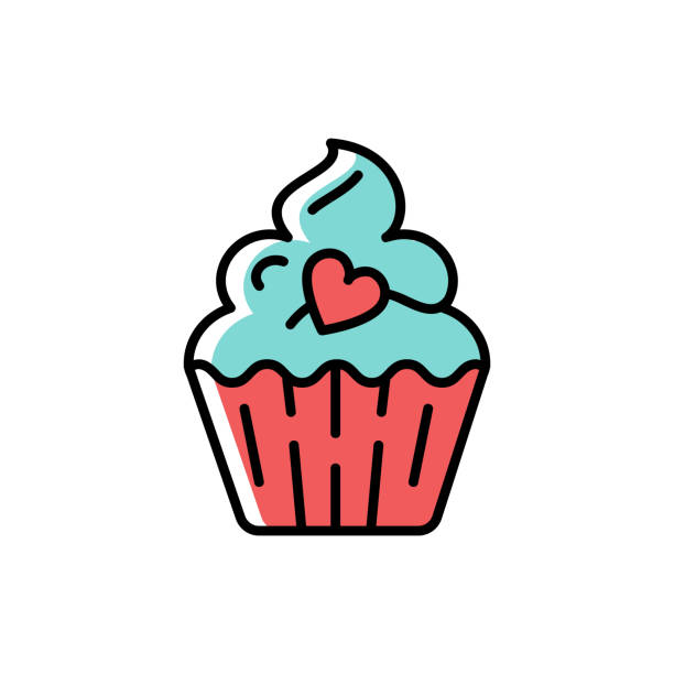 ilustrações, clipart, desenhos animados e ícones de ícone do queque. símbolo de férias e amor, dia dos namorados. ícone de linha fina de aniversário colorida, plana ilustração vetorial - cupcake