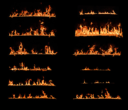Fire Flames. Set of fire design elements isolated on black background