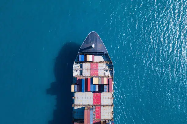 Large container ship at sea - Top down Aerial Image