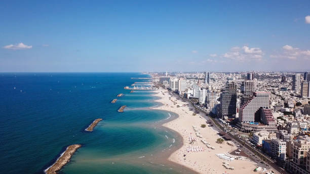 tel aviv coastline and skyline from the mediterranean sea - tel aviv imagens e fotografias de stock