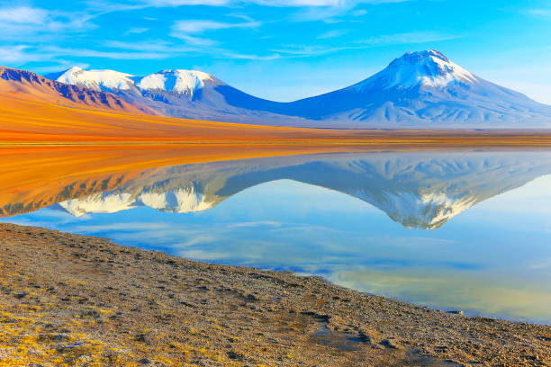 istock Laguna Lejia – dramatic Lejia lake mirrored reflection at gold colored sunrise dawn, snowcapped Lascar volcano and volcanoes, Idyllic Atacama Desert, Volcanic landscape panorama – San Pedro de Atacama, Chile, Bolívia and Argentina border 868196668
