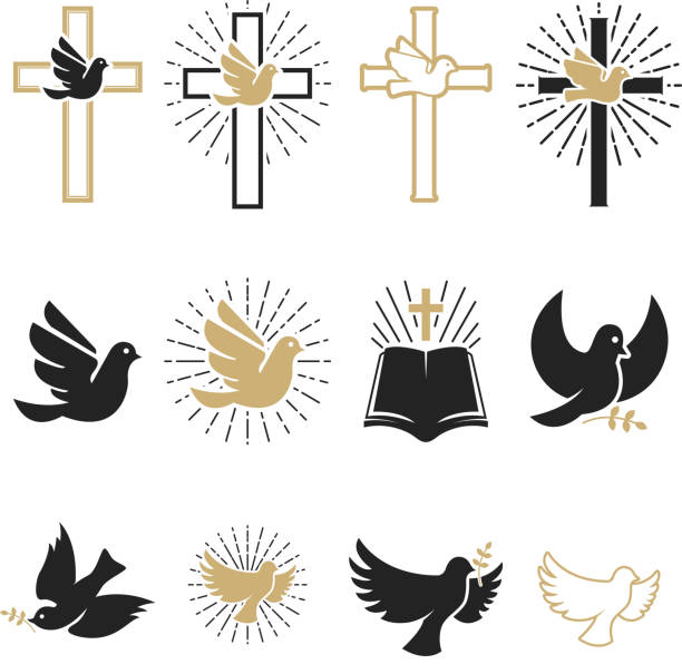 Set of religious signs. Cross with dove, holy spirit, bible. Set of religious signs. Cross with dove, holy spirit, bible. Design elements for emblem, sign, badge. Vector illustration religious cross symbols stock illustrations