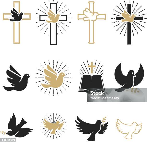 Set Of Religious Signs Cross With Dove Holy Spirit Bible Stock Illustration - Download Image Now