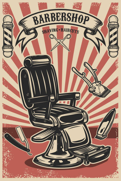 理髮店海報範本。理髮椅和工具的垃圾背景 - 剪髮師 插圖 幅插畫檔 、美工圖案、卡通及圖標