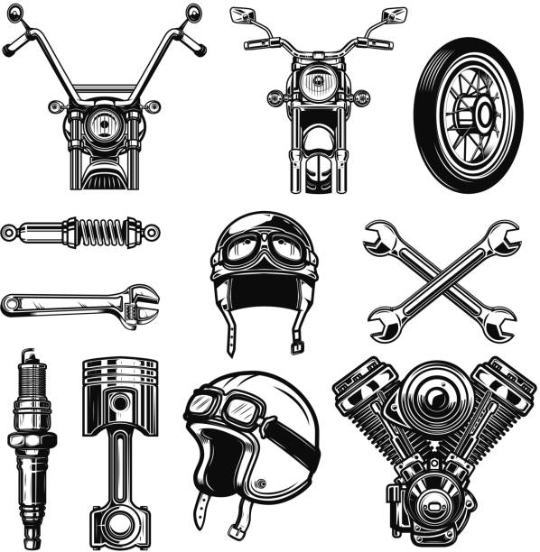 illustrazioni stock, clip art, cartoni animati e icone di tendenza di set di elementi di design di moto d'epoca isolati su sfondo bianco. - helmet motorized sport biker crash helmet