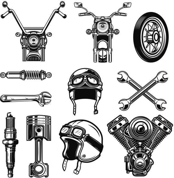 ilustrações, clipart, desenhos animados e ícones de conjunto de elementos de design de moto vintage isolado no fundo branco. - helmet motorized sport biker crash helmet