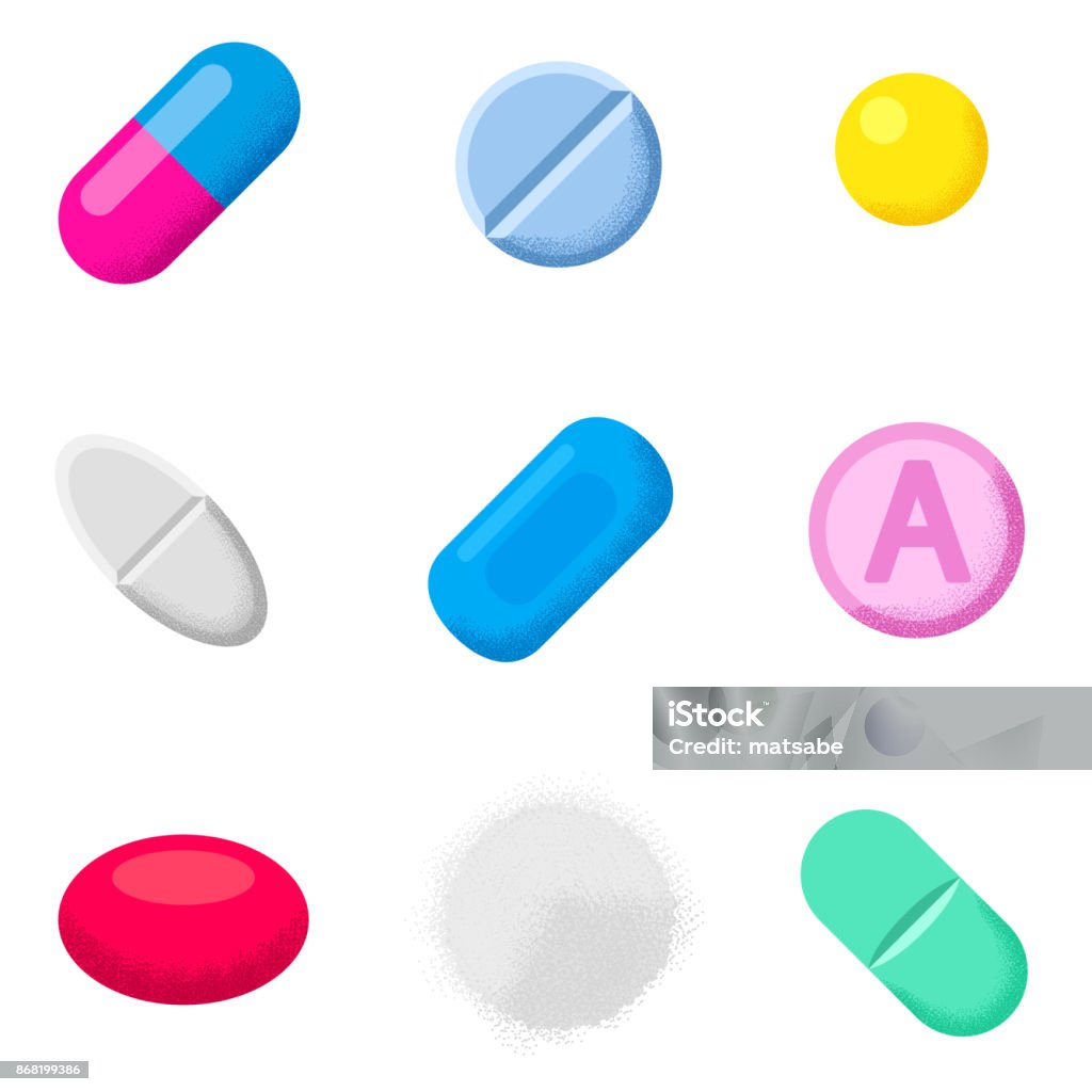 Set of different pills and capsules. Icons of medicament. Pharmaceutical drugs, tablets, capsules, powder. Isolated vector illustration Pill stock vector