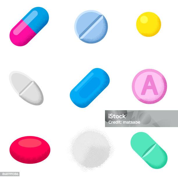 Set Of Different Pills And Capsules Icons Of Medicament Stock Illustration - Download Image Now
