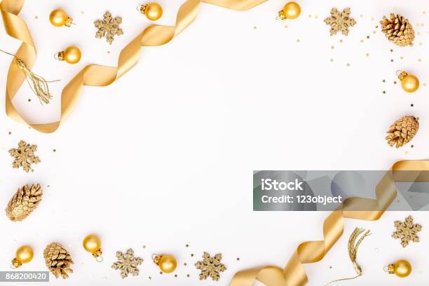 Christmas Or New Year Frame Composition Christmas Decorations In Gold Colors On White Background With Empty Copy Space For Text Holiday And Celebration Concept For Postcard Or Invitation Top View Stock Photo - Download Image Now