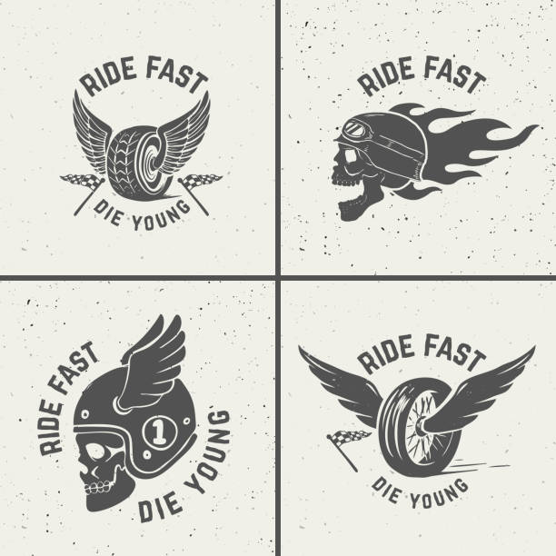 zestaw ręcznie rysowanych emblematów rowerzystów. czaszka z ogniem, skrzydlione koło. - tattoo grunge crest coat of arms stock illustrations