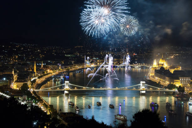 istock Panoramic view of Budapest with fireworks from the Gellert Hill 868217058