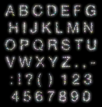 Decorative illustration representing ABC Alphabet. Capital font and numbers set: starry latin  letters composed of twinkling sparkling stars isolated on black background suitable to compose any text  for web design.