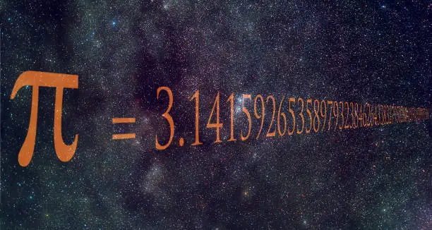 Photo of Pi number is a mathematical constant whose value is the ratio of any circle's circumference to its diameter. It's value is written over Milky Way image.