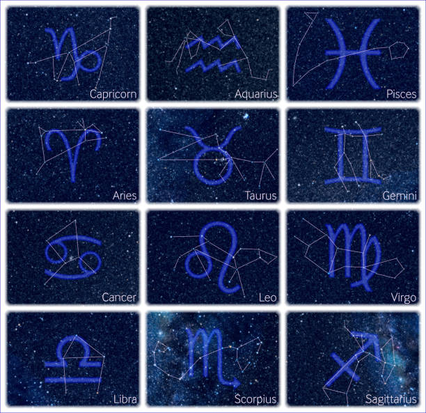 12 images of Zodiac constellations arranged in 12-panels picture. Pictures of star sky look exactly as  at the real night sky with stars whose brightness, colors and positions correspond to real stars.  Each of 12 subimages can be used separately, as well 12 images of Zodiac constellations arranged in 12-panels picture. Pictures of star sky look exactly as  at the real night sky with stars whose brightness, colors and positions correspond to real stars.  Each of 12 subimages can be used separately, as well. blue ram fish stock pictures, royalty-free photos & images
