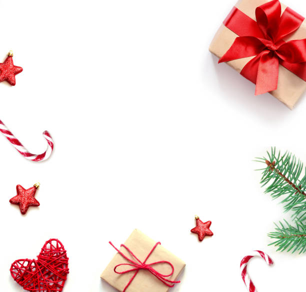 istock Christmas gift and fir tree branches. Top view 868232376