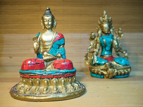 Tibetan brass Buddha statue close-up
