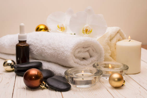 istock spa concept, wellness objects on wood plant , christmas background. Present holiday 868235426