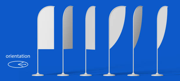 promotion flags Blank promotion flags at different angles with white stand on a blue background. the view from the side. 3D Illustration Isolated. Mock Up Template Ready For Your Design. feather flag stock pictures, royalty-free photos & images