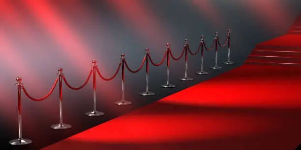 Photo of Silver rope barriers and Red carpet isolated on black background 3D illustration