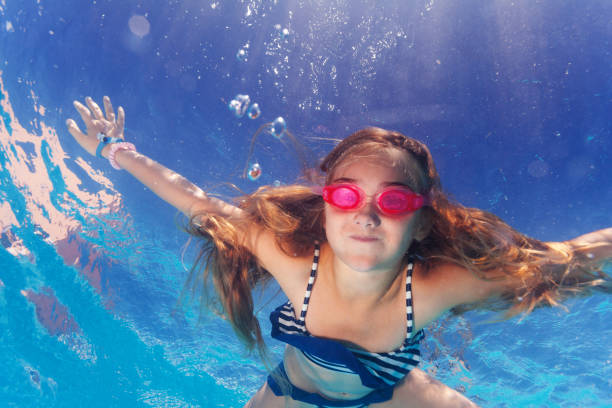 istock Girl in goggles learning holding breath underwater 868257432